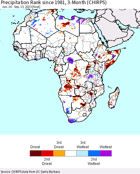 Africa Precipitation Rank since 1981, 3-Month (CHIRPS) Thematic Map For 6/16/2023 - 9/15/2023
