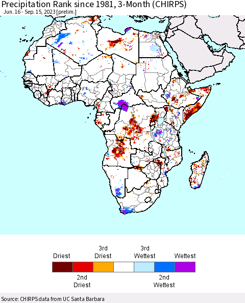 Africa Precipitation Rank since 1981, 3-Month (CHIRPS) Thematic Map For 6/16/2023 - 9/15/2023
