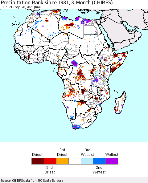 Africa Precipitation Rank since 1981, 3-Month (CHIRPS) Thematic Map For 6/21/2023 - 9/20/2023