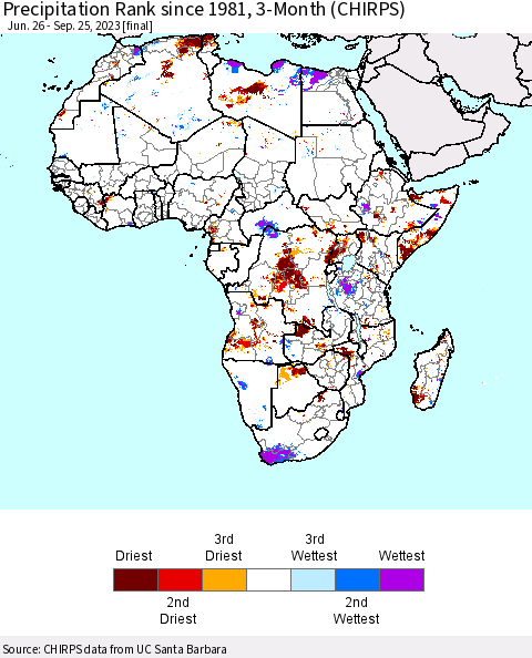 Africa Precipitation Rank since 1981, 3-Month (CHIRPS) Thematic Map For 6/26/2023 - 9/25/2023