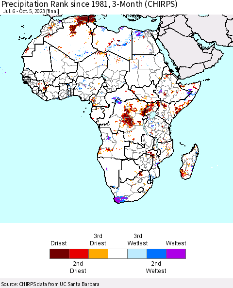 Africa Precipitation Rank since 1981, 3-Month (CHIRPS) Thematic Map For 7/6/2023 - 10/5/2023