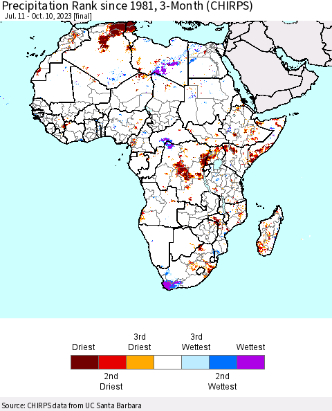Africa Precipitation Rank since 1981, 3-Month (CHIRPS) Thematic Map For 7/11/2023 - 10/10/2023