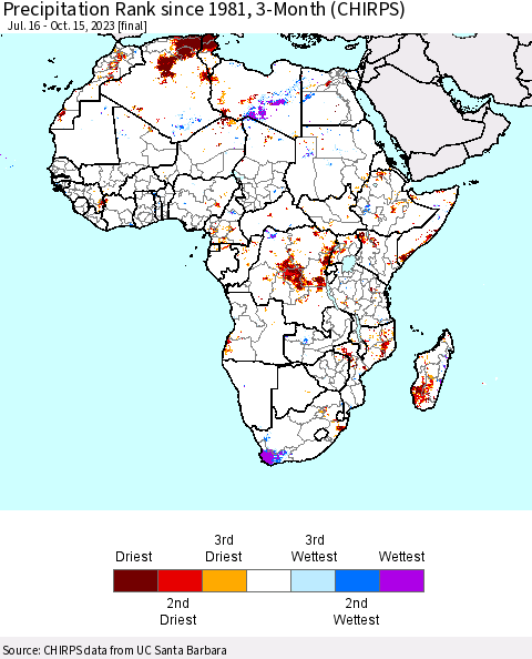 Africa Precipitation Rank since 1981, 3-Month (CHIRPS) Thematic Map For 7/16/2023 - 10/15/2023