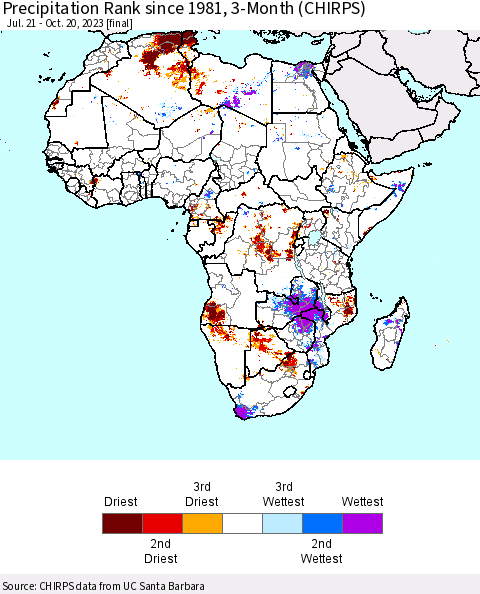 Africa Precipitation Rank since 1981, 3-Month (CHIRPS) Thematic Map For 7/21/2023 - 10/20/2023