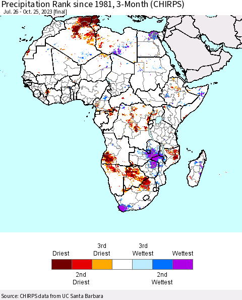 Africa Precipitation Rank since 1981, 3-Month (CHIRPS) Thematic Map For 7/26/2023 - 10/25/2023