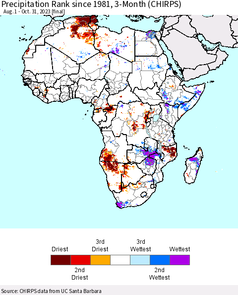 Africa Precipitation Rank since 1981, 3-Month (CHIRPS) Thematic Map For 8/1/2023 - 10/31/2023