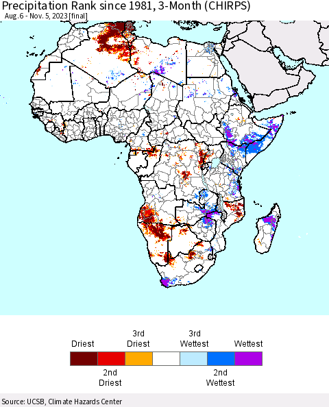 Africa Precipitation Rank since 1981, 3-Month (CHIRPS) Thematic Map For 8/6/2023 - 11/5/2023
