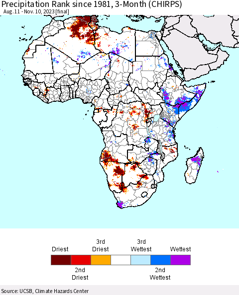 Africa Precipitation Rank since 1981, 3-Month (CHIRPS) Thematic Map For 8/11/2023 - 11/10/2023