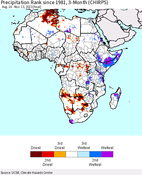 Africa Precipitation Rank since 1981, 3-Month (CHIRPS) Thematic Map For 8/16/2023 - 11/15/2023