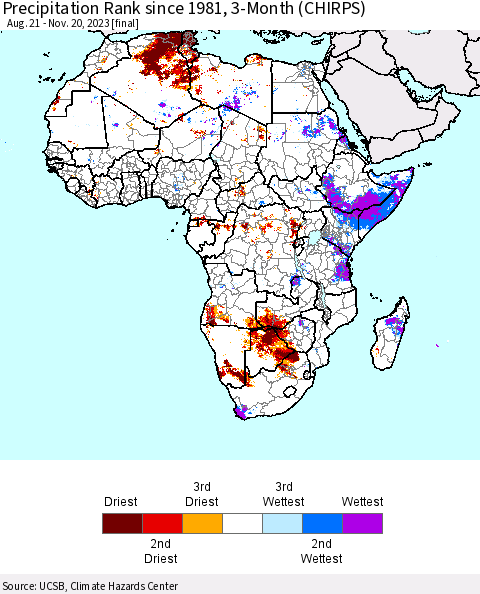 Africa Precipitation Rank since 1981, 3-Month (CHIRPS) Thematic Map For 8/21/2023 - 11/20/2023