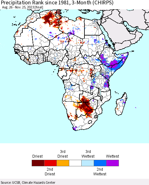 Africa Precipitation Rank since 1981, 3-Month (CHIRPS) Thematic Map For 8/26/2023 - 11/25/2023