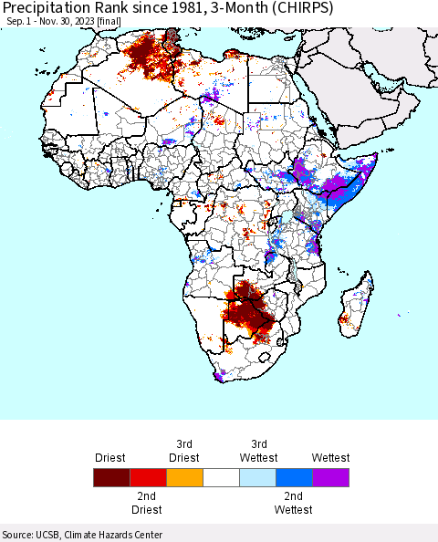 Africa Precipitation Rank since 1981, 3-Month (CHIRPS) Thematic Map For 9/1/2023 - 11/30/2023