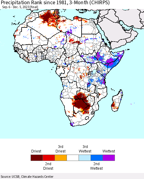 Africa Precipitation Rank since 1981, 3-Month (CHIRPS) Thematic Map For 9/6/2023 - 12/5/2023