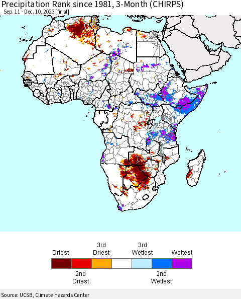 Africa Precipitation Rank since 1981, 3-Month (CHIRPS) Thematic Map For 9/11/2023 - 12/10/2023