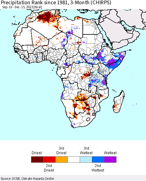Africa Precipitation Rank since 1981, 3-Month (CHIRPS) Thematic Map For 9/16/2023 - 12/15/2023
