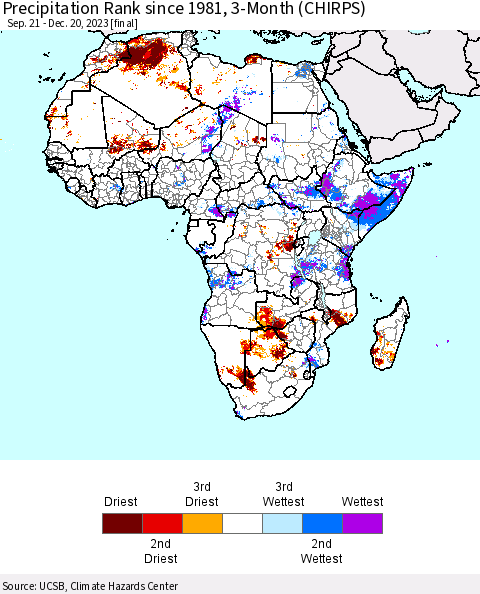 Africa Precipitation Rank since 1981, 3-Month (CHIRPS) Thematic Map For 9/21/2023 - 12/20/2023