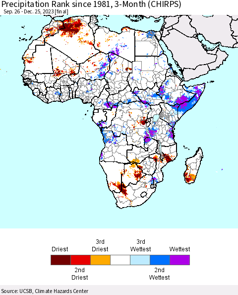 Africa Precipitation Rank since 1981, 3-Month (CHIRPS) Thematic Map For 9/26/2023 - 12/25/2023
