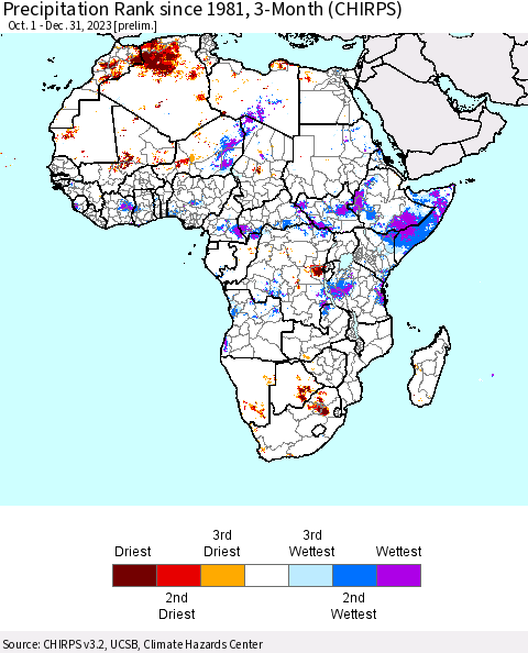 Africa Precipitation Rank since 1981, 3-Month (CHIRPS) Thematic Map For 10/1/2023 - 12/31/2023