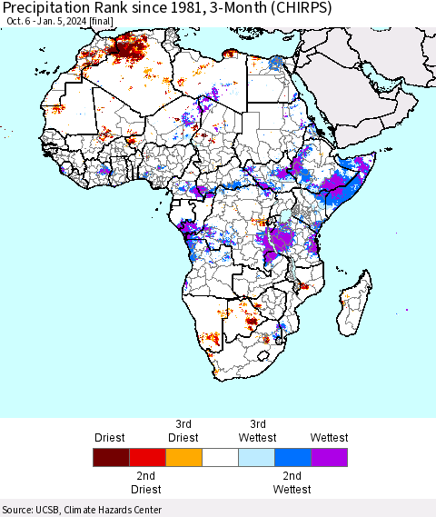 Africa Precipitation Rank since 1981, 3-Month (CHIRPS) Thematic Map For 10/6/2023 - 1/5/2024