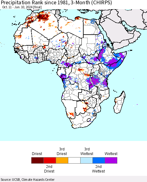 Africa Precipitation Rank since 1981, 3-Month (CHIRPS) Thematic Map For 10/11/2023 - 1/10/2024