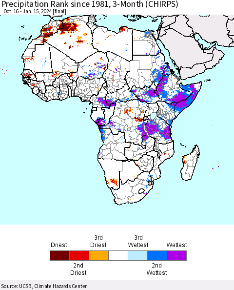 Africa Precipitation Rank since 1981, 3-Month (CHIRPS) Thematic Map For 10/16/2023 - 1/15/2024