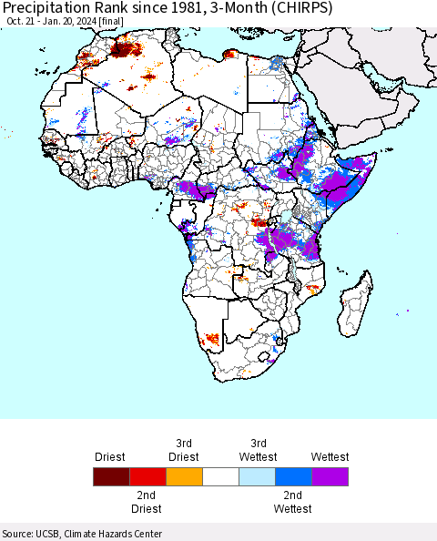 Africa Precipitation Rank since 1981, 3-Month (CHIRPS) Thematic Map For 10/21/2023 - 1/20/2024