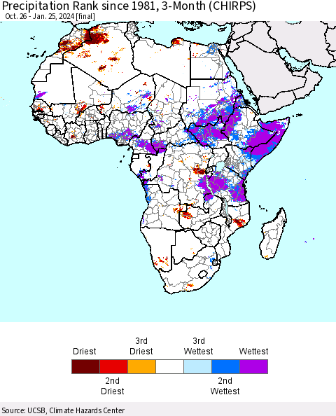 Africa Precipitation Rank since 1981, 3-Month (CHIRPS) Thematic Map For 10/26/2023 - 1/25/2024
