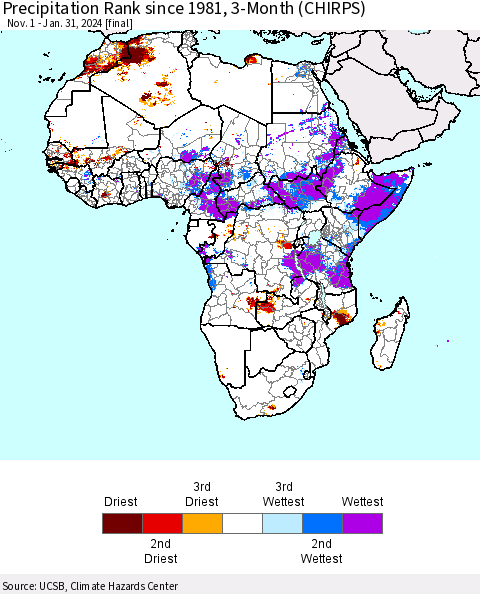Africa Precipitation Rank since 1981, 3-Month (CHIRPS) Thematic Map For 11/1/2023 - 1/31/2024
