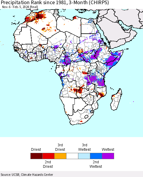 Africa Precipitation Rank since 1981, 3-Month (CHIRPS) Thematic Map For 11/6/2023 - 2/5/2024
