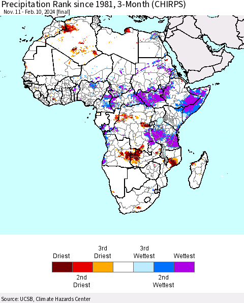 Africa Precipitation Rank since 1981, 3-Month (CHIRPS) Thematic Map For 11/11/2023 - 2/10/2024