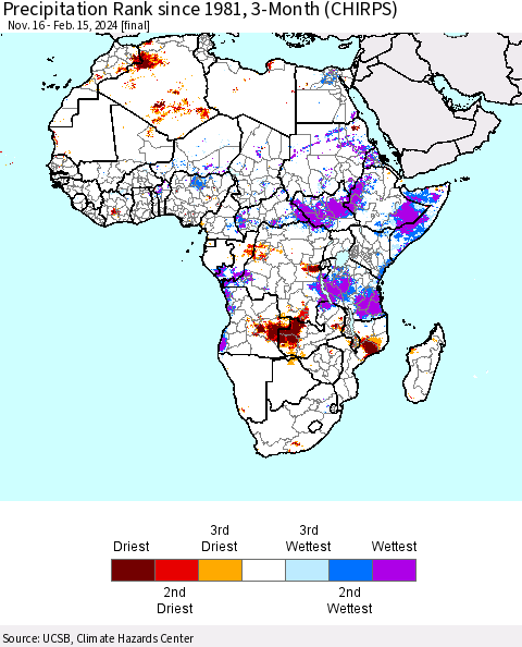 Africa Precipitation Rank since 1981, 3-Month (CHIRPS) Thematic Map For 11/16/2023 - 2/15/2024