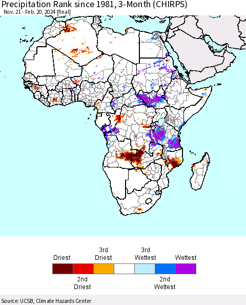 Africa Precipitation Rank since 1981, 3-Month (CHIRPS) Thematic Map For 11/21/2023 - 2/20/2024