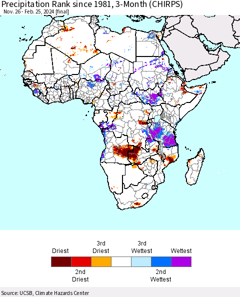 Africa Precipitation Rank since 1981, 3-Month (CHIRPS) Thematic Map For 11/26/2023 - 2/25/2024