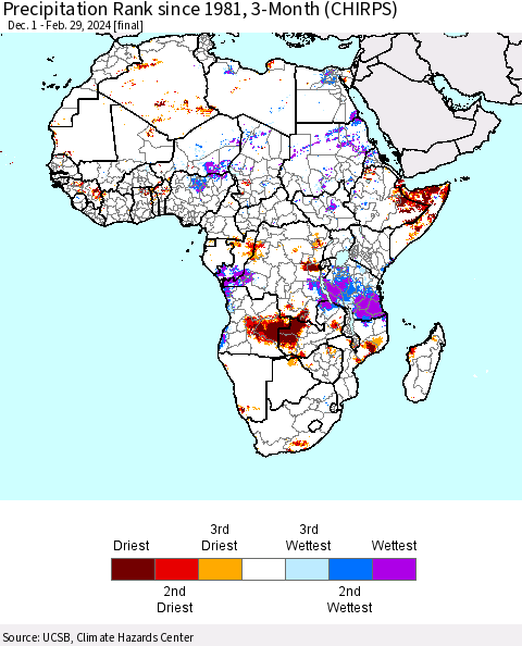 Africa Precipitation Rank since 1981, 3-Month (CHIRPS) Thematic Map For 12/1/2023 - 2/29/2024