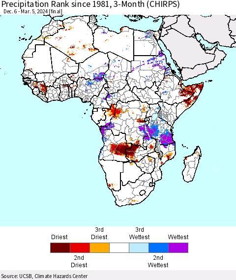 Africa Precipitation Rank since 1981, 3-Month (CHIRPS) Thematic Map For 12/6/2023 - 3/5/2024