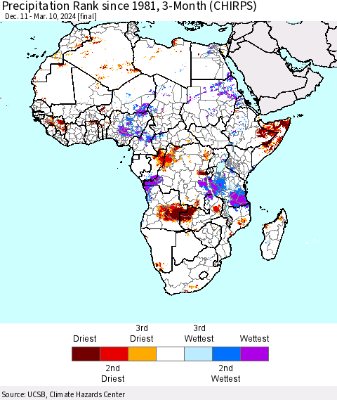 Africa Precipitation Rank since 1981, 3-Month (CHIRPS) Thematic Map For 12/11/2023 - 3/10/2024