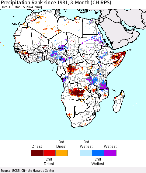 Africa Precipitation Rank since 1981, 3-Month (CHIRPS) Thematic Map For 12/16/2023 - 3/15/2024