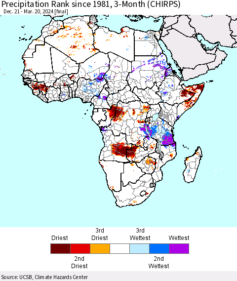 Africa Precipitation Rank since 1981, 3-Month (CHIRPS) Thematic Map For 12/21/2023 - 3/20/2024