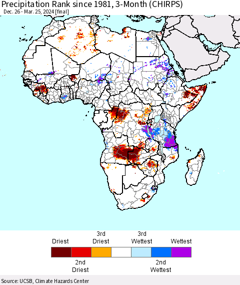 Africa Precipitation Rank since 1981, 3-Month (CHIRPS) Thematic Map For 12/26/2023 - 3/25/2024