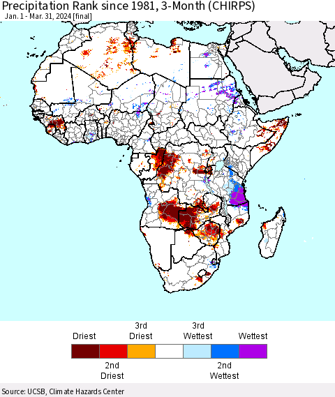 Africa Precipitation Rank since 1981, 3-Month (CHIRPS) Thematic Map For 1/1/2024 - 3/31/2024