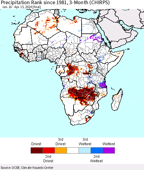 Africa Precipitation Rank since 1981, 3-Month (CHIRPS) Thematic Map For 1/16/2024 - 4/15/2024