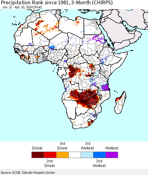 Africa Precipitation Rank since 1981, 3-Month (CHIRPS) Thematic Map For 1/21/2024 - 4/20/2024
