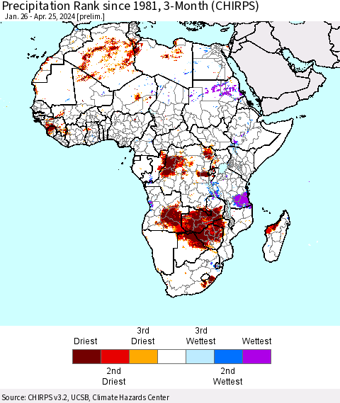 Africa Precipitation Rank since 1981, 3-Month (CHIRPS) Thematic Map For 1/26/2024 - 4/25/2024