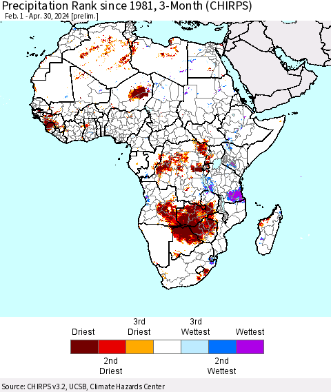 Africa Precipitation Rank since 1981, 3-Month (CHIRPS) Thematic Map For 2/1/2024 - 4/30/2024