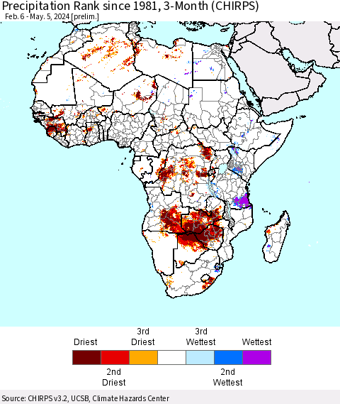 Africa Precipitation Rank since 1981, 3-Month (CHIRPS) Thematic Map For 2/6/2024 - 5/5/2024