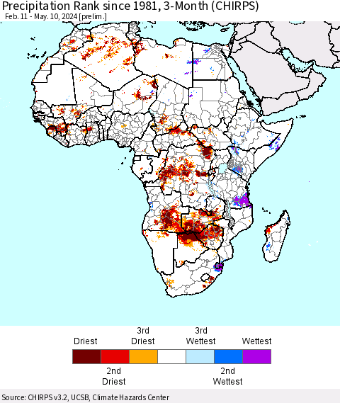 Africa Precipitation Rank since 1981, 3-Month (CHIRPS) Thematic Map For 2/11/2024 - 5/10/2024