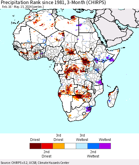 Africa Precipitation Rank since 1981, 3-Month (CHIRPS) Thematic Map For 2/16/2024 - 5/15/2024