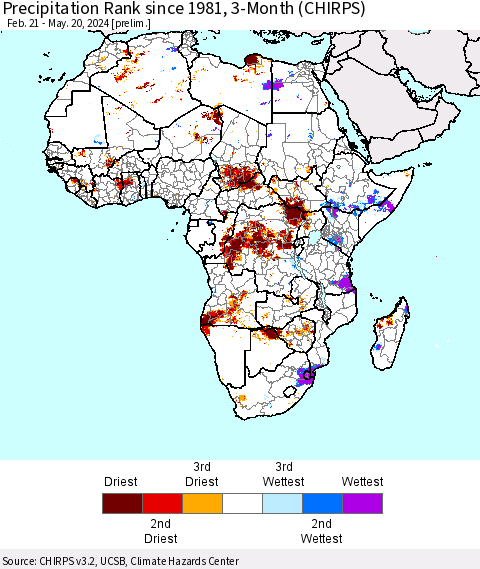 Africa Precipitation Rank since 1981, 3-Month (CHIRPS) Thematic Map For 2/21/2024 - 5/20/2024