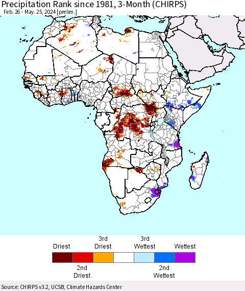 Africa Precipitation Rank since 1981, 3-Month (CHIRPS) Thematic Map For 2/26/2024 - 5/25/2024