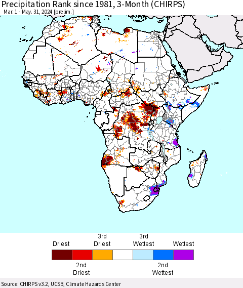 Africa Precipitation Rank since 1981, 3-Month (CHIRPS) Thematic Map For 3/1/2024 - 5/31/2024